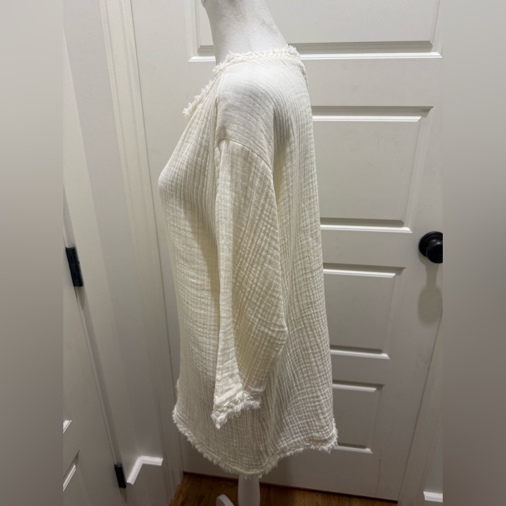 Eileen Fisher. Organic Cotton Gauze Fringe Blouse. Size Small. - Picture 6 of 11